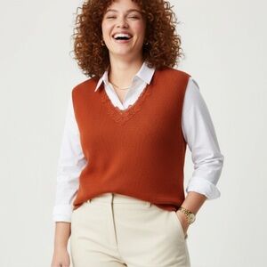 CHICO'S Ribbed Cami Top Size 3 Lace Rust Orange Layering Retro Cottagecore